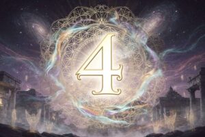 Mandala numerológico con el número 4 en el centro rodeado de símbolos esotéricos y líneas geométricas doradas.