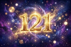 Representación visual del número 121 con símbolos de luz divina y energía espiritual para conectar con mensajes celestiales.