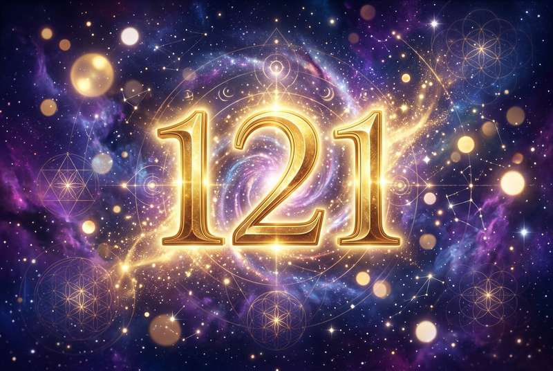 Representación visual del número 121 con símbolos de luz divina y energía espiritual para conectar con mensajes celestiales.