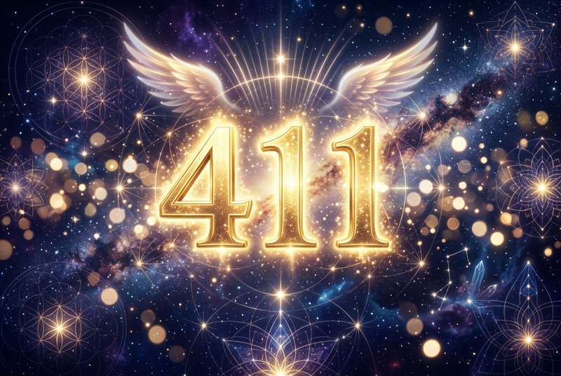 Representación simbólica del número 411 rodeado de luz celestial que transmite un mensaje de libertad y empoderamiento espiritual.