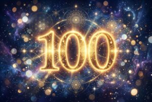 Representación visual del número 100 como símbolo de ciclos completos y transformación espiritual en numerología angélica.