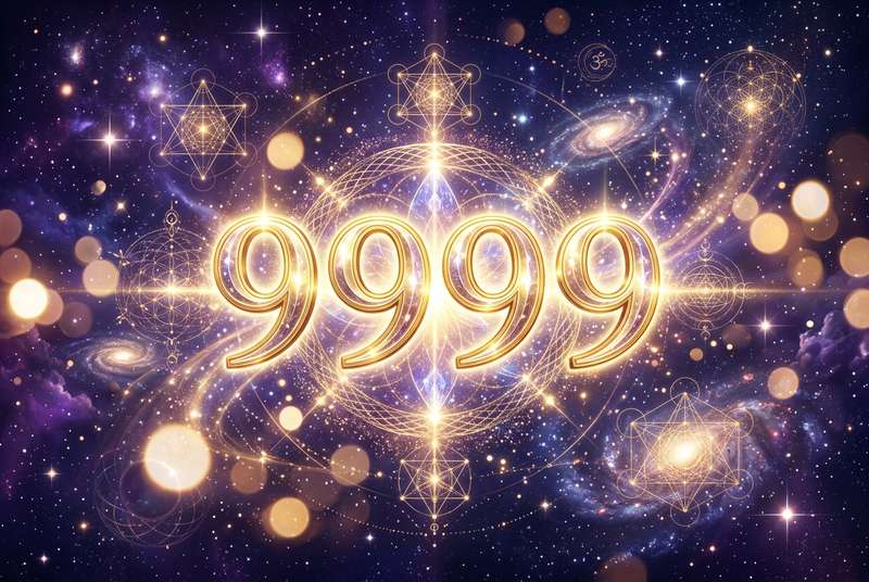 Representación simbólica del número 9999 con luz dorada que indica cierre de ciclos y transformación espiritual hacia nuevas...