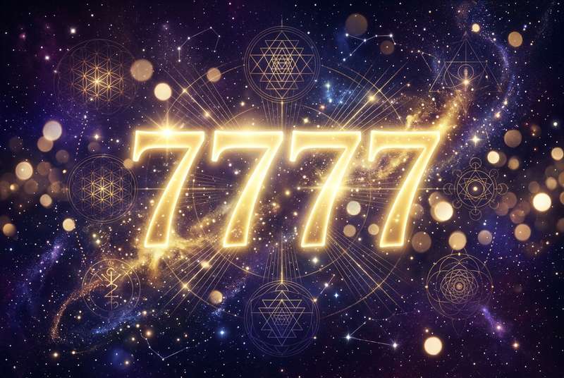 Representación visual del número ángel 7777 como mensaje divino de alineación y propósito en tu camino espiritual.