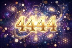 Representación simbólica del número cuádruple cuatro rodeado de luz dorada que transmite equilibrio y conexión espiritual divina.