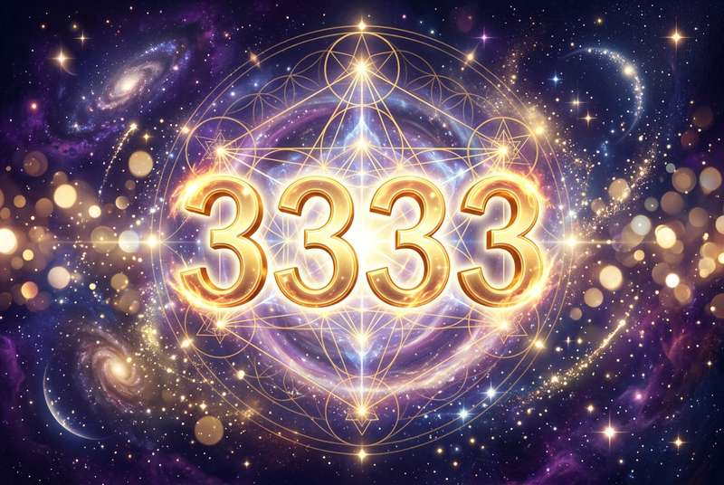 Representación simbólica de la secuencia numérica 3333 con luz dorada que transmite energía espiritual y transformación del ser.