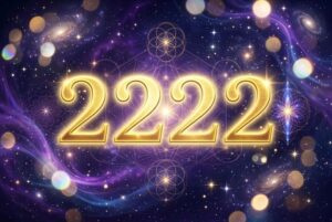 Representación visual del número 2222 con simbolismo de equilibrio, armonía celestial y mensajes divinos de los ángeles.