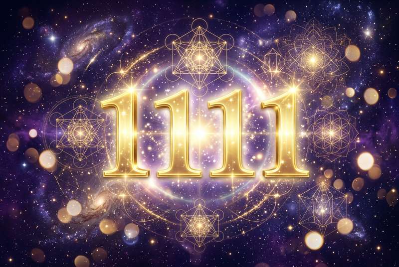 Representación visual del número 1111 con destellos luminosos simbolizando mensajes espirituales y transformación personal.