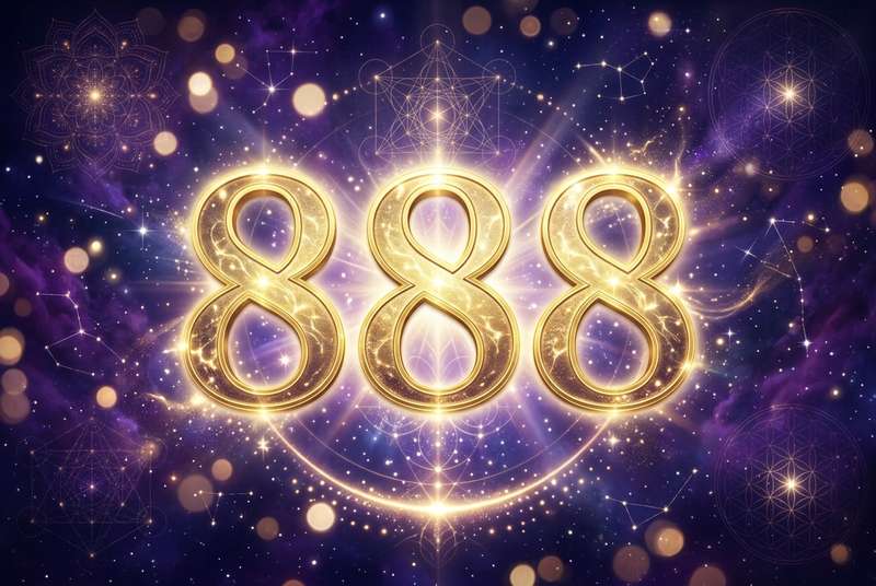 Representación visual del número 888 rodeado de luz dorada symbolizando la prosperidad y energía infinita del universo.