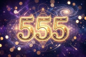 Representación visual del número 555 con elementos luminosos que simbolizan transformación espiritual y mensajes divinos de...