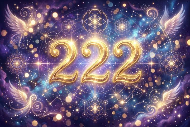 Representación simbólica del número 222 rodeado de luz dorada y energía espiritual que transmite armonía y balance divino.