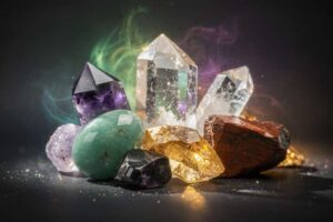 Selección de minerales y gemas naturales dispuestos para tratamientos de bienestar y equilibrio energético del cuerpo.