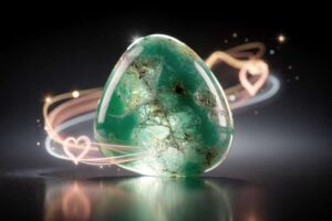 Piedra de crisoprasa pulida en tonos verdes suave sobre fondo blanco que transmite calma y serenidad emocional.
