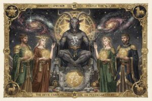 Representación de la carta del Diablo del tarot junto a figuras de la corte de oros asociadas con la energía capricorniana.