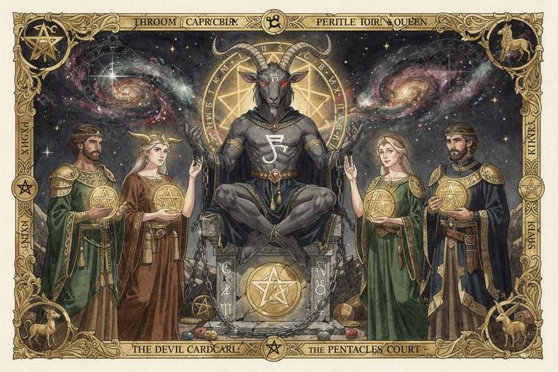 Representación de la carta del Diablo del tarot junto a figuras de la corte de oros asociadas con la energía capricorniana.