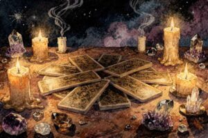 Representación de la carta del Diablo del tarot junto a figuras de la corte de oros para la lectura astrológica de Capricornio.