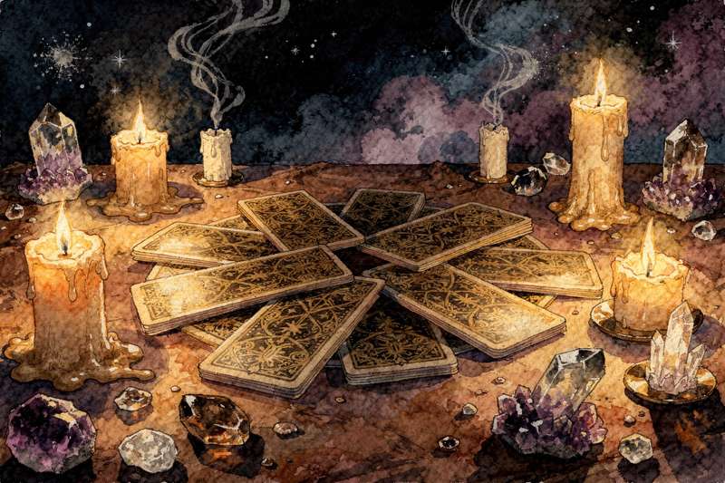Representación de la carta del Diablo del tarot junto a figuras de la corte de oros para la lectura astrológica de Capricornio.