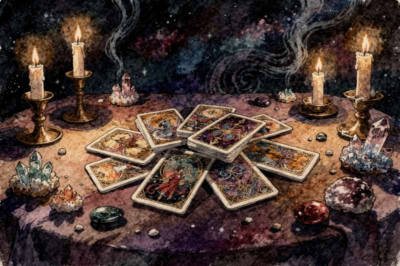 Mazo de tarot abierto con cartas que representan sanación física y espiritual en una lectura de bienestar holístico.
