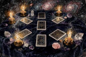 Tres cartas de tarot dispuestas en línea sobre una superficie oscura para una lectura interpretativa básica.