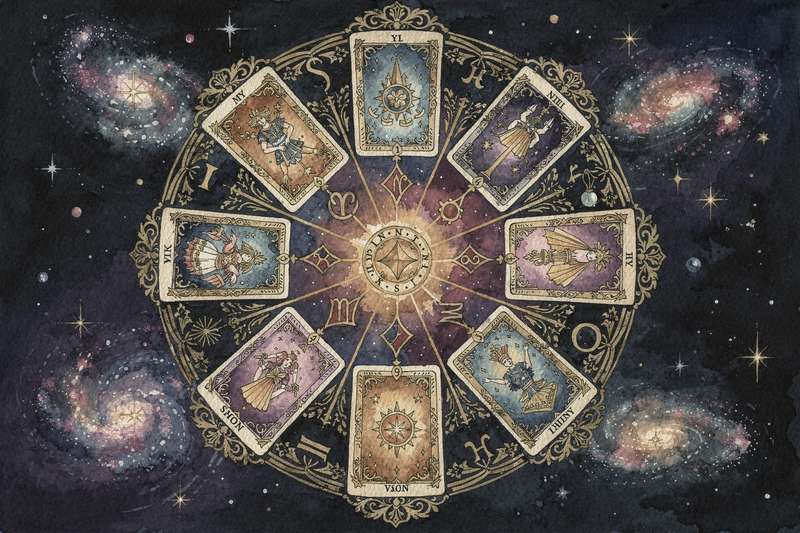 Distribución de las 22 arcanos mayores del tarot asignados a los doce signos del zodiaco occidental.