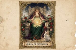 Representación artística de la Reina de Oros en tarot, mujer majestuosa rodeada de símbolos de abundancia y prosperidad material.