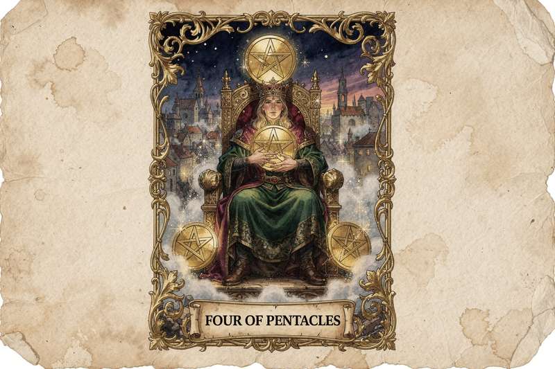 Representación simbólica del Cuatro de Pentáculos mostrando figuras que custodian monedas con actitud protectora y vigilante.