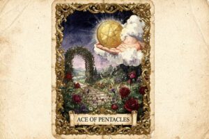 Carta del As de Oros del tarot mostrando una mano que sostiene una moneda dorada brillante sobre fondo místico.