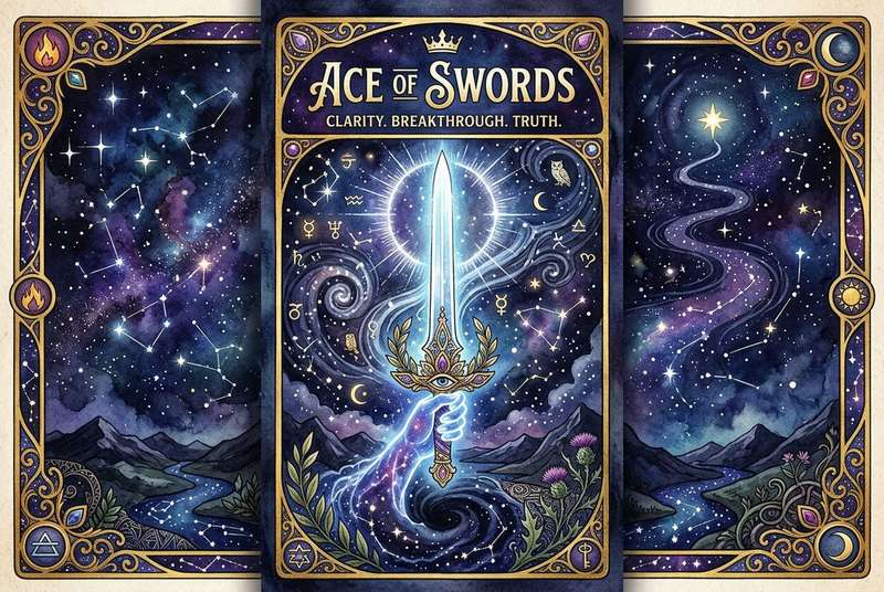 Carta del tarot As de Espadas mostrando una espada brillante que representa claridad mental y verdades reveladas.