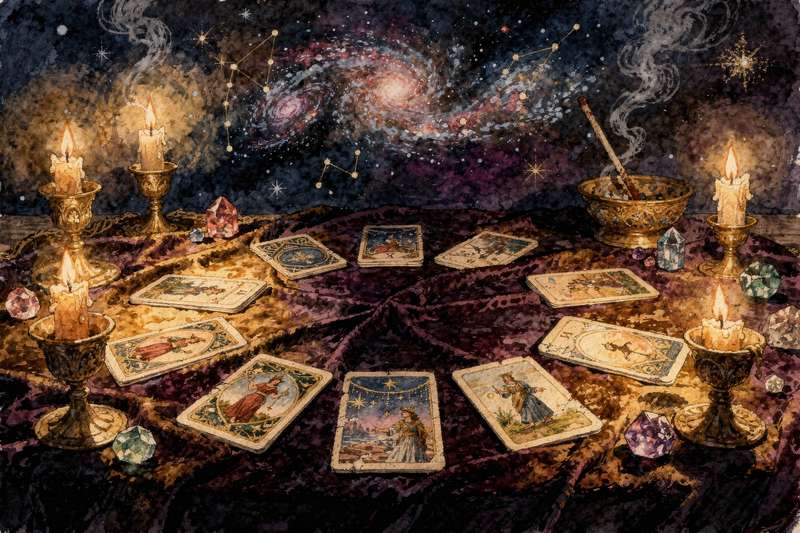 Disposición de diez cartas del tarot sobre superficie oscura para interpretación de crecimiento espiritual y autoconocimiento.