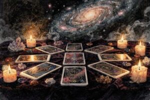Baraja de tarot desplegada sobre un paño morado mostrando cartas de diferentes arcanos para aprender las tiradas básicas.