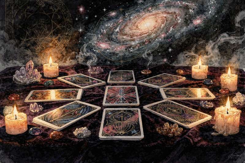 Baraja de tarot desplegada sobre un paño morado mostrando cartas de diferentes arcanos para aprender las tiradas básicas.