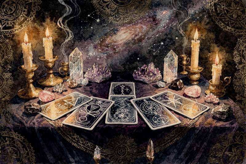 Representación simbólica de los cuatro elementos del tarot con sus correspondencias espirituales y arquetipos asociados.