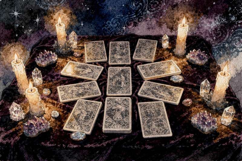 Seis cartas del tarot dispuestas en círculo para una lectura de autoestima y aceptación personal.