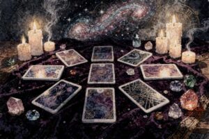 Cartas del tarot dispuestas para una lectura sobre prosperidad y flujo de dinero en la vida.