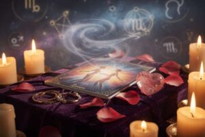 Baraja de tarot dispuesta sobre una tela morada con cartas de arcanos mayores y menores reveladas para interpretación de...