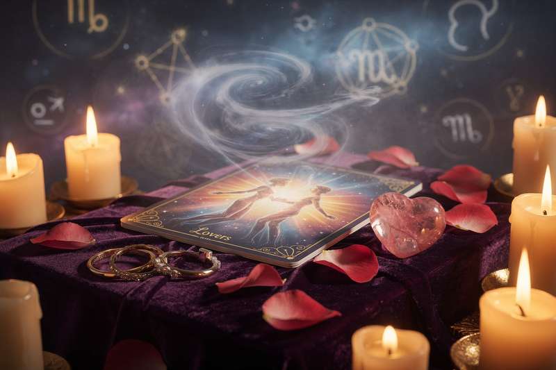 Baraja de tarot dispuesta sobre una tela morada con cartas de arcanos mayores y menores reveladas para interpretación de...