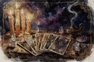Mazo de cartas del tarot dispuestas en círculo sobre tela roja, representando una tirada amorosa con símbolos románticos y...