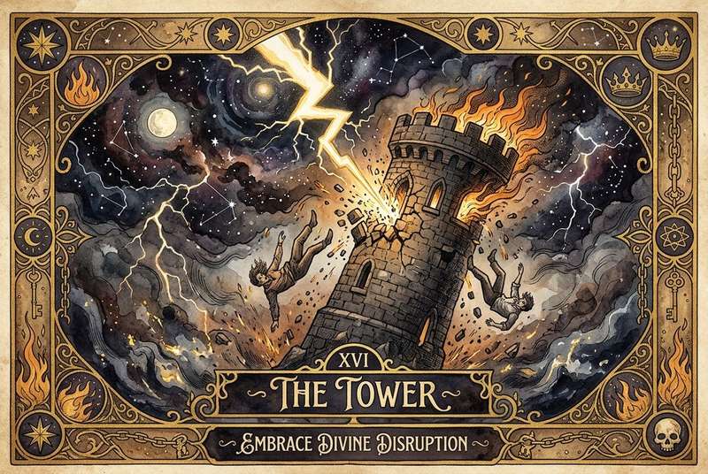 Carta del tarot La Torre representando cambios repentinos, destrucción de estructuras antiguas y transformación espiritual...