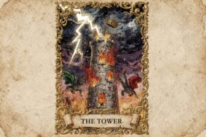 Carta del Tarot La Torre mostrando un edificio en llamas siendo destruido por un rayo durante una tormenta celestial.