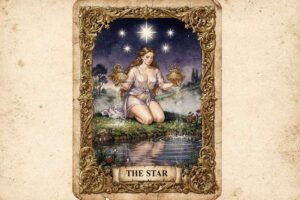Representación visual de la carta del tarot La Estrella con una figura celestial rodeada de luz divina y símbolos de esperanza.