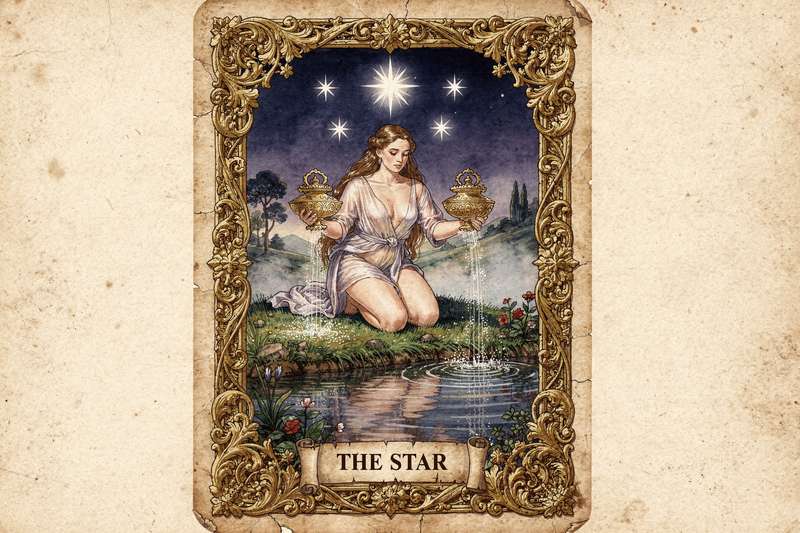 Representación visual de la carta del tarot La Estrella con una figura celestial rodeada de luz divina y símbolos de esperanza.