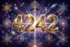 Representación visual del número ángel 4242 que simboliza la construcción de bases sólidas y la protección espiritual en el...
