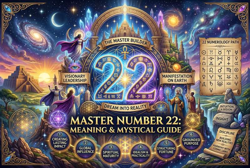 Símbolo del número 22 rodeado de elementos esotéricos que representan el poder transformador del número maestro en la vida.