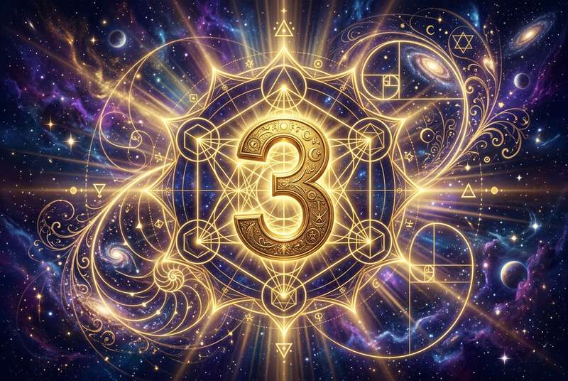 Representación visual del número 3 en numerología mostrando sus características de creatividad, comunicación y expresión...