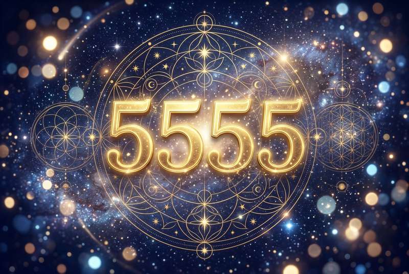 Representación simbólica del número 5555 con luz divina que evoca transformación espiritual y renovación personal.