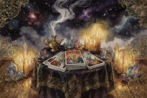 Tirada de tarot con cartas tradicionales dispersas sobre paño púrpura revelando mensajes astrológicos para el signo geminiario.
