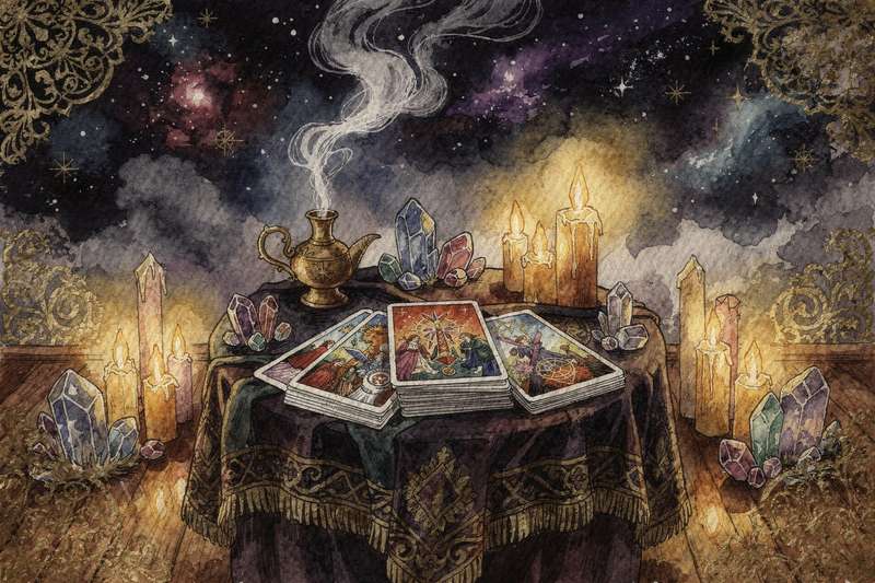 Tirada de tarot con cartas tradicionales dispersas sobre paño púrpura revelando mensajes astrológicos para el signo geminiario.