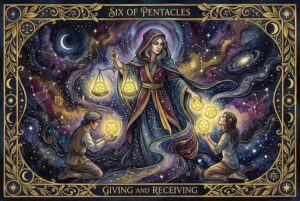 Representación del Seis de Pentáculos mostrando el acto de compartir recursos y equilibrio entre la generosidad y la reciprocidad.