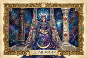 Carta del tarot que representa la intuición y el conocimiento oculto a través de una figura femenina meditativa con símbolos...