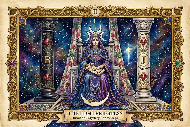 Carta del tarot que representa la intuición y el conocimiento oculto a través de una figura femenina meditativa con símbolos...