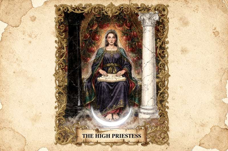 Carta del tarot La Sacerdotisa Mayor con velo azul y corona lunar entre dos columnas de templo sagrado.